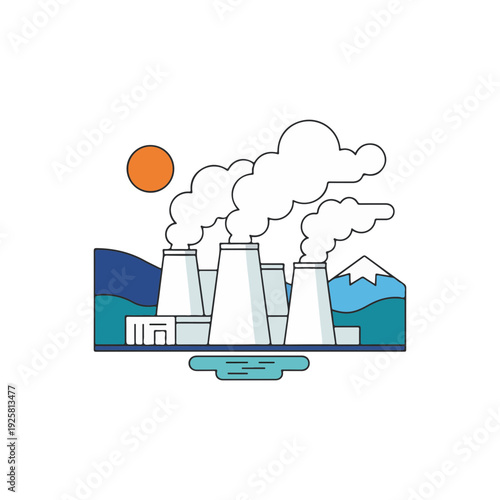 Carbon-neutral geothermal energy plant with white steam emissions for renewable power supply and ESG initiatives.