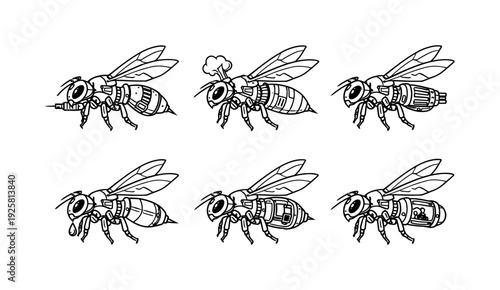 Line style vector icons of toxic-delivery cyborg wasps: sting-module wasp, vapor-cell wasp, micro-dart wasp, droplet-release wasp