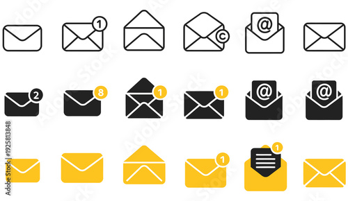 Message icon set, vector collection including closed, open, and notification envelopes in outline, solid, and styles, representing email, inbox, documents, contacts, and postal communication 