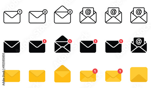 Email and message icon collection, vector symbols of closed and open envelopes with notification alerts, in multiple styles for digital communication, inbox management, postal services, and user inter