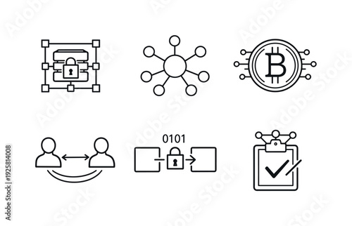 Line style vector icons of purely digital cryptocurrency: blockchain ledger node, distributed network map, digital coin symbol,