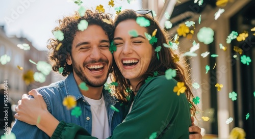 Happy couple embracing in confetti celebration.