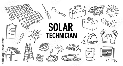 Solar technician tools and equipment illustration with text for renewable energy professionals