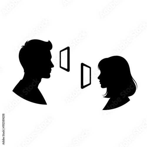 Black silhouettes of two people talking isolated on transparent background.