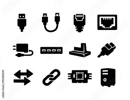 Wired Connectivity Icons. Solid vector icons of wired device connectivity: usb, usbCable, ethernet, lanport, adapter, hub, dock,