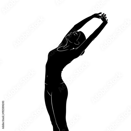 Woman stretching her arms up high isolated on transparent background.