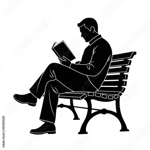 Man sitting on bench reading book isolated on transparent background.