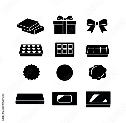 Chocolate Packaging Icons. Solid vector icons of chocolate packaging: box, giftbox, ribbon, bow, tray, divider, insert, label,