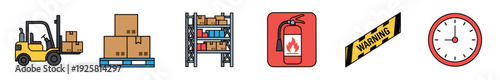 Six colorful flat design logistics and safety icons illustrate a forklift, stacked boxes, a warehouse rack, a fire extinguisher, warning tape, and an analog clock, all rendered in a modern style