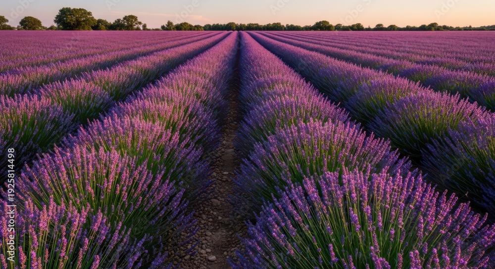 Obraz premium Lavender field at sunset rural landscape.