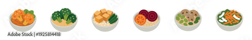 Set of six illustrated food bowls filled with a variety of healthy ingredients like tofu, broccoli, and beets, showcasing a collection of minimalist vector icons for vegan meal options