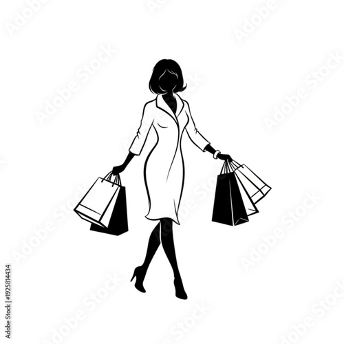 Woman carrying shopping bags in hand isolated on transparent background.