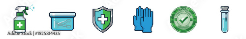 Pixel art hygiene and medical icons set featuring a disinfectant spray, sterile tools, protective shield, gloves, hygiene check seal, and test tube in a retro 8-bit video game style