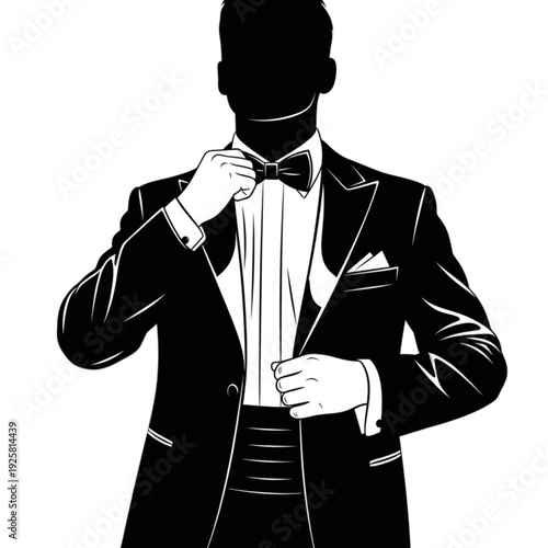 Man in a tuxedo adjusting bow tie isolated on transparent background.
