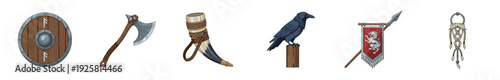 Set of cartoon Viking warrior icons including a wooden shield with rune, an ornate battle axe, a drinking horn, a raven, a medieval banner, and a braided beard ornament