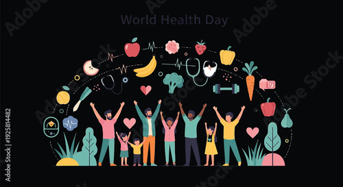 World Health Day icon collection. Includes people, health, wellness, food, and fitness symbols. Created in colorful flat style with vibrant palette