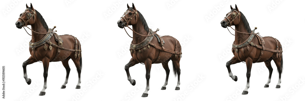 Fototapeta premium Ancient Chariot Horse Equus ferus caballus Isolated on White Background, Bronze Age War Chariot Mount, Egyptian Egyptian Hieroglyph Era and Roman Chariot Racing Studio Cutout