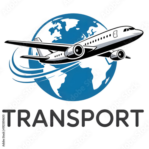 Airplane flying around the world globe isolated on transparent background.