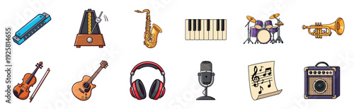 Collection of cartoon musical instruments and equipment including a guitar, violin, saxophone, drum kit, and microphone in a colorful illustrated set for music education