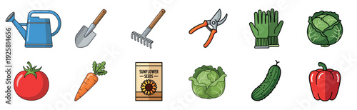 Collection of colorful cartoon gardening tools and fresh vegetables including a watering can, trowel, rake, pruners, gloves, cabbage, tomato, carrot, and bell pepper