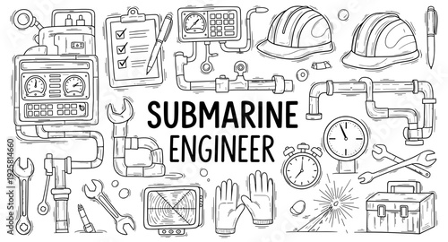 Submarine engineer profession icons and tools in a doodle style illustration