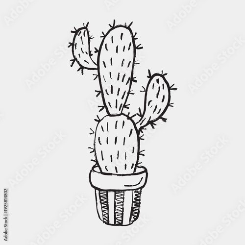 Grunge prickly pear cactus in pot. Opuntia potted plant. Minimal style office decoration. Hand drawn vector sketch illustration in vintage crayon charcoal drawing