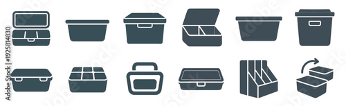 Storage container and organizer box icon set showing various plastic bins, lunchboxes, and food containers in a simple flat monochrome graphic style for organization concepts