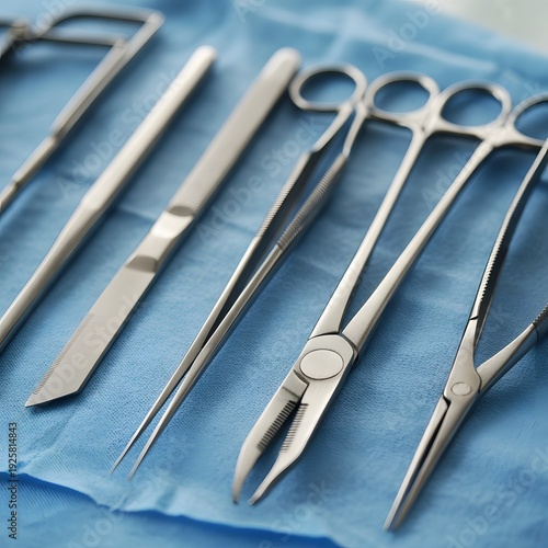 Sterile surgical instruments arranged on blue cloth