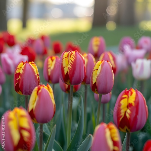 Striking red and yellow striped tulips bloom vibrantly