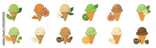 Set of twelve colorful ice cream cone illustrations with various flavors and ingredients like kiwi, fig, coffee, and vanilla, designed in a simple flat graphic style