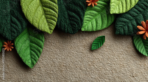 Green leaf foliage border on textured natural background