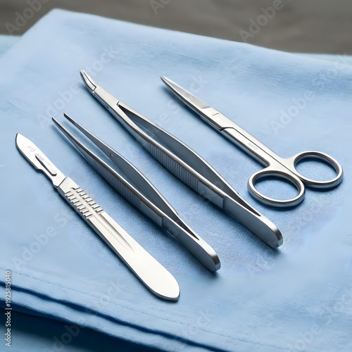Surgical instruments on blue cloth