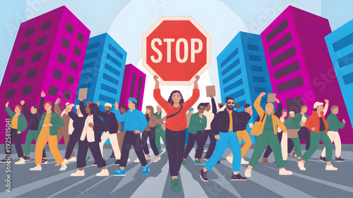 Protesters holding stop sign in city.
