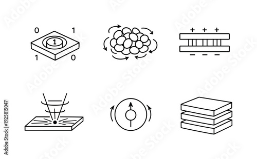 Data Material Interfaces Icons. Line style icons of data-material interfaces: bit imprint symbol, magnetic grain cluster,
