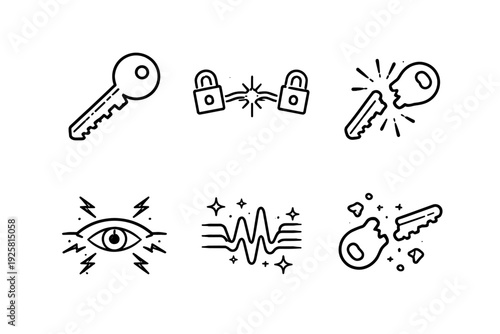 Line vector icons of a quantum key breaking upon any interception attempt (instability-on-intercept): key silhouette, quantum