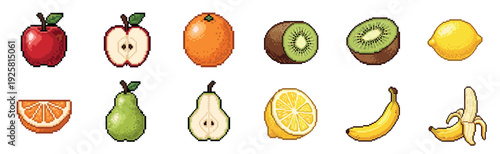 Collection of pixel art fruit icons including apple, orange, kiwi, lemon, pear, and banana in a retro 8-bit video game style with whole and sliced versions