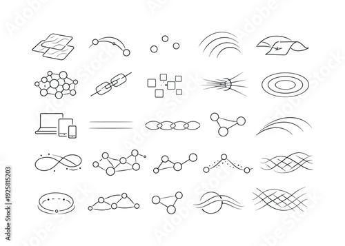 Line style icons of quiet file hopping: drifting contour tile, proximity node arc, micro-hop dot, soft beam pattern, gentle file