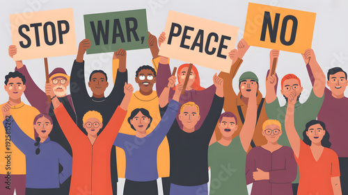 Diverse group protesting for world peace.