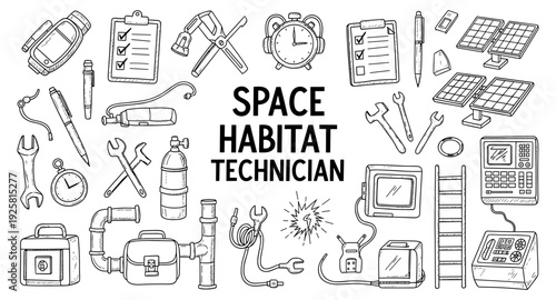 Space habitat technician tools and equipment illustration, a collection of hand-drawn icons
