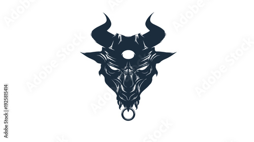 Stylized illustration of a demonic head with horns, piercing eyes, and a ring