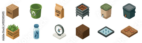 Set of twelve isometric composting vector icons depicting elements for organic waste recycling, including a wormery, soil, fertilizer, and various bins for eco-friendly living
