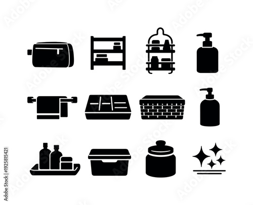 Solid vector icons of bathroom storage organization: toiletryBag, shelfUnit, showerCaddy, soapDispenser, towelRack,
