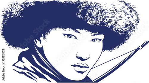 A stylized portrait of a person with a fur hat and bow, rendered in two colors, facing forward