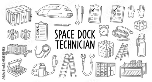 Space dock technician's essential tools and equipment for cargo handling and maintenance tasks