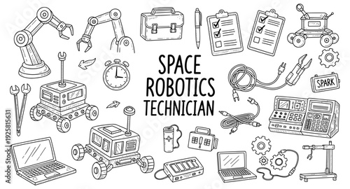 Space robotics technician tools and equipment illustration in a doodle style