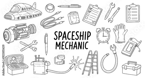 Spaceship mechanic tools and equipment illustration in a doodle style