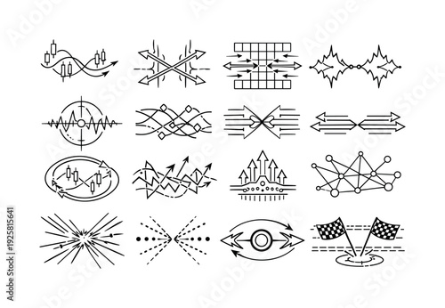 Line vector icons of lightning-speed market battles: instantaneous trade streams, competing signal forks, bid–ask pressure grids,