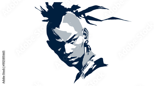 A grayscale and navy blue illustration of a person's face with angular features and a stern gaze