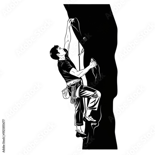 Man climbing a rock wall outdoors isolated on transparent background.