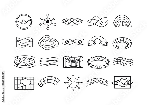 Line style icons of macroscopic quantum mind processes: coherent phase ring, entangled field dot, quantum mesh stripe, neural